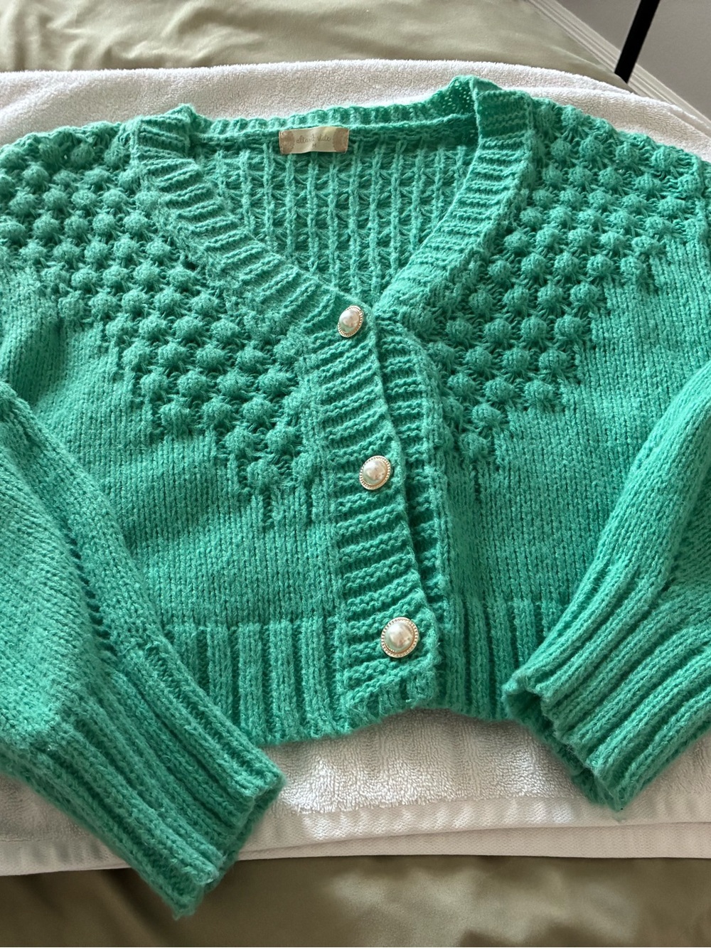 Altar'd State Mint Green Bobble Knit Cardigan with Pearl Buttons